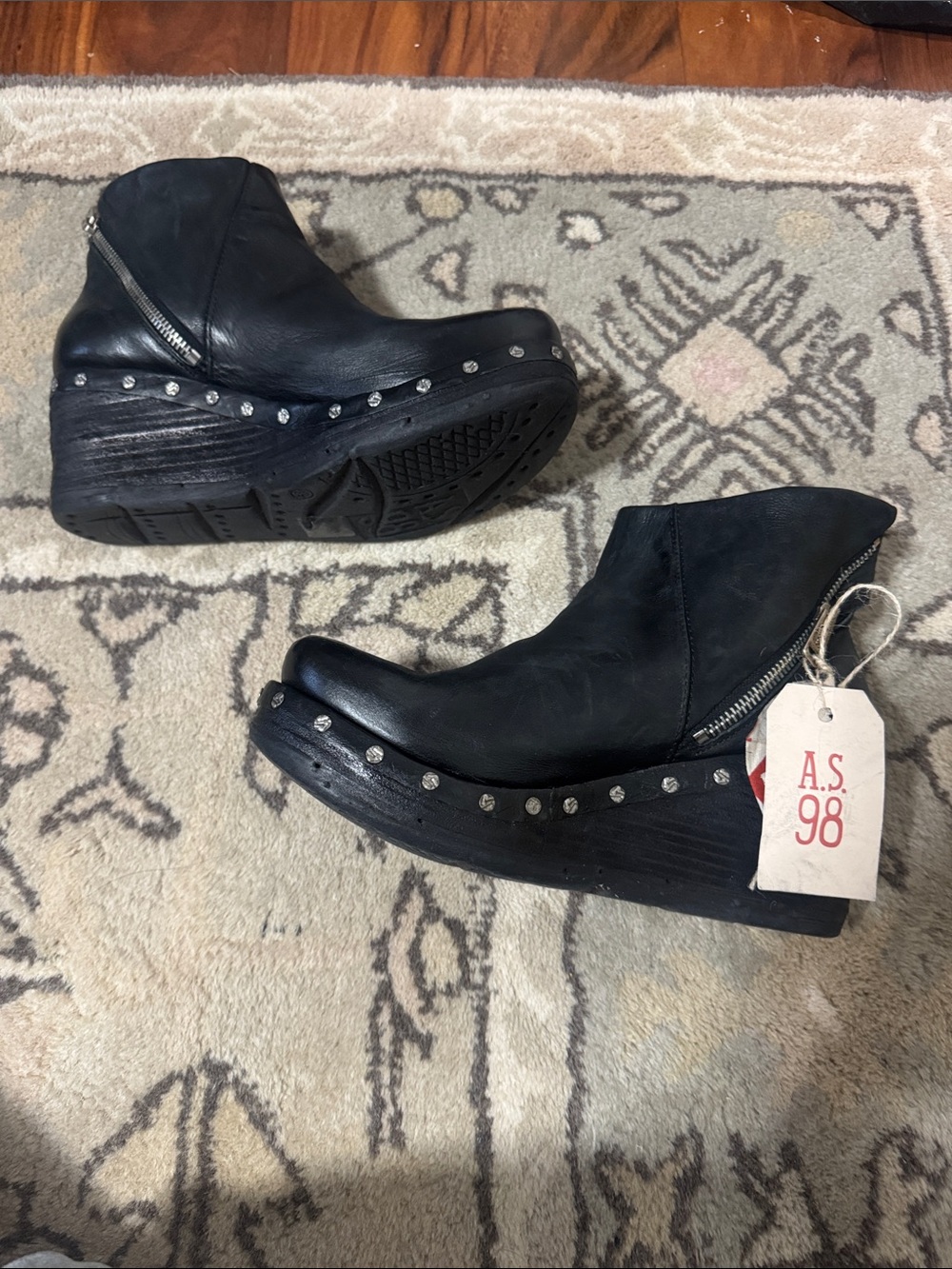 A.S.98 nwt Black Studded Platform Wedge Booties side zip
